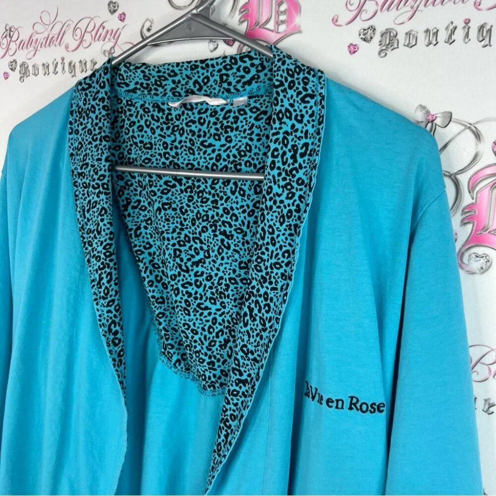 La Vie En Rose robe cheetah blue black tie up embroidered Turquoise Robe